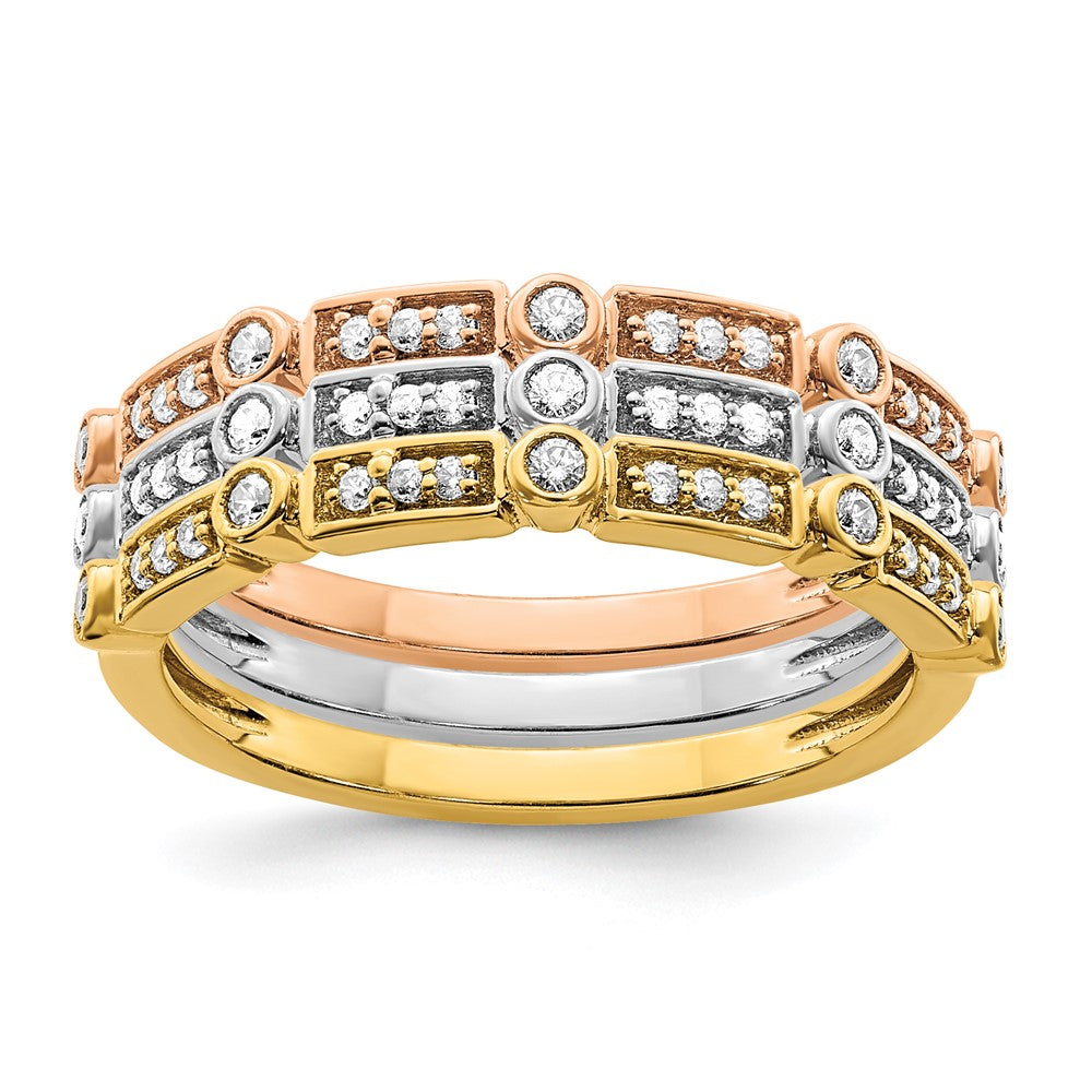 14K Tricolor Gold polierte 3er-Set Ringe mit echten Diamanten