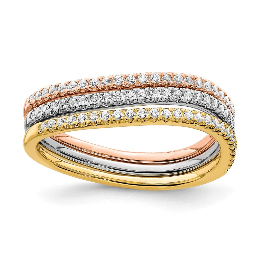 14K Tricolor Gold Set aus 3 polierten Ringen mit echten Diamanten