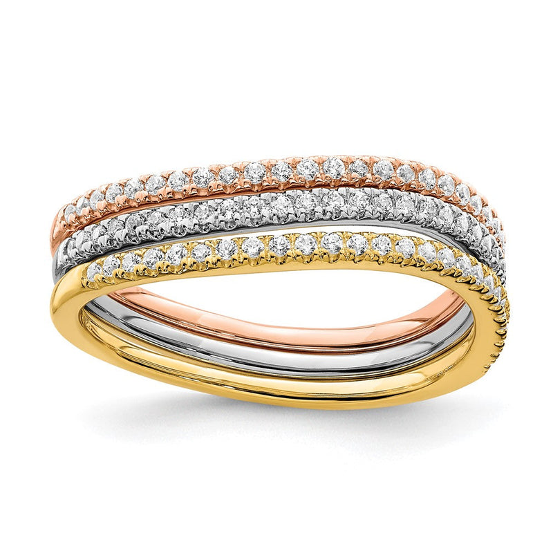 14K Tricolor Gold Set aus 3 polierten Ringen mit echten Diamanten