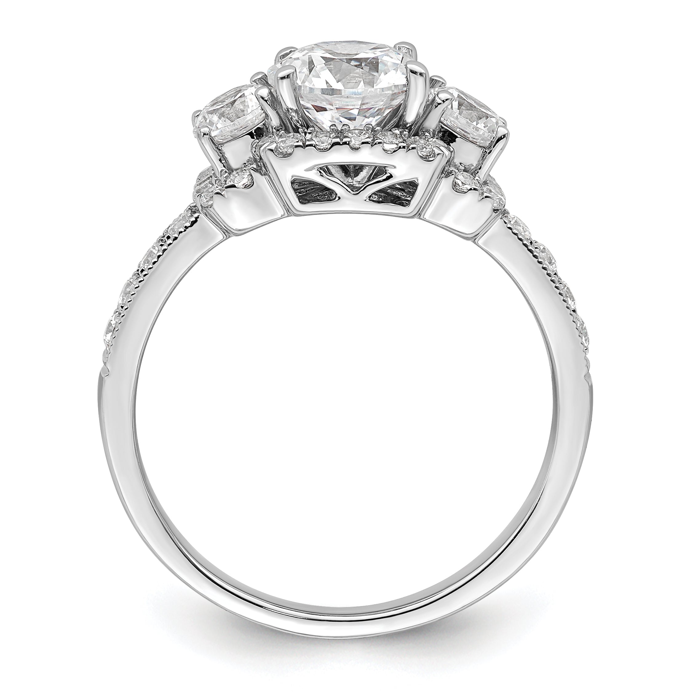 14K Weißgold 3 Stein Plus (holds 1 Karat (6.5mm) Rund Mittig) Heiligenschein Halbfassung Diamant Verlobungsring