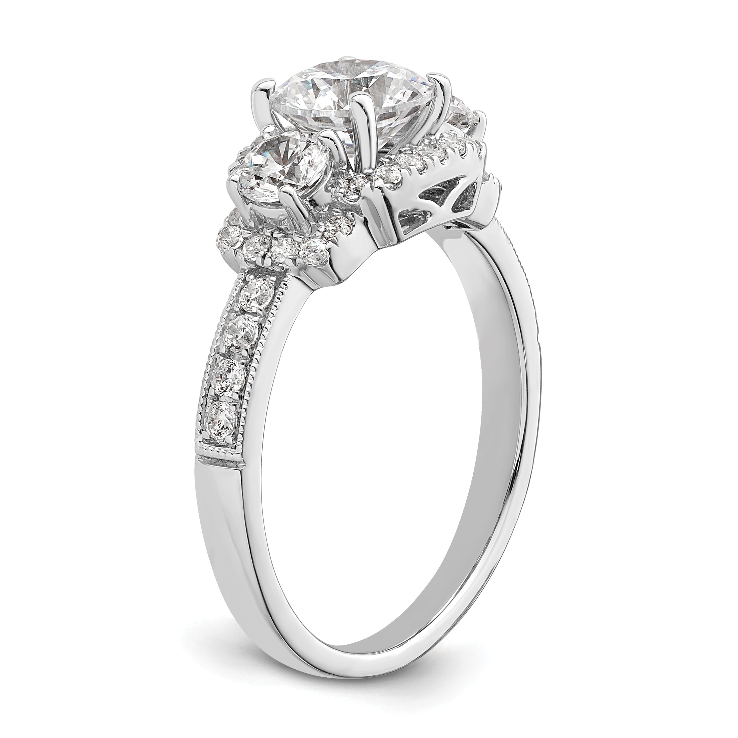14K Weißgold 3 Stein Plus (holds 1 Karat (6.5mm) Rund Mittig) Heiligenschein Halbfassung Diamant Verlobungsring