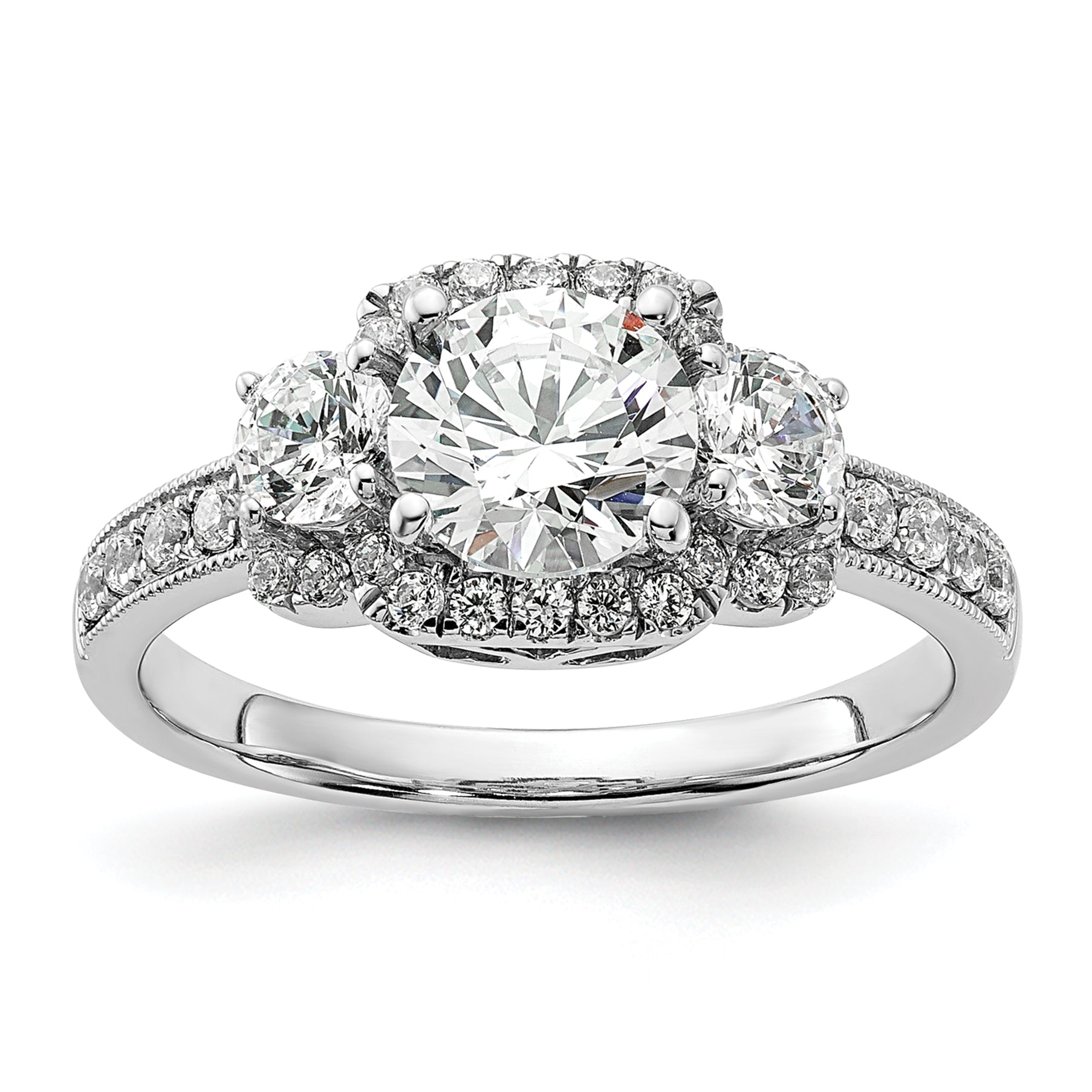 14K Weißgold 3 Stein Plus (holds 1 Karat (6.5mm) Rund Mittig) Heiligenschein Halbfassung Diamant Verlobungsring