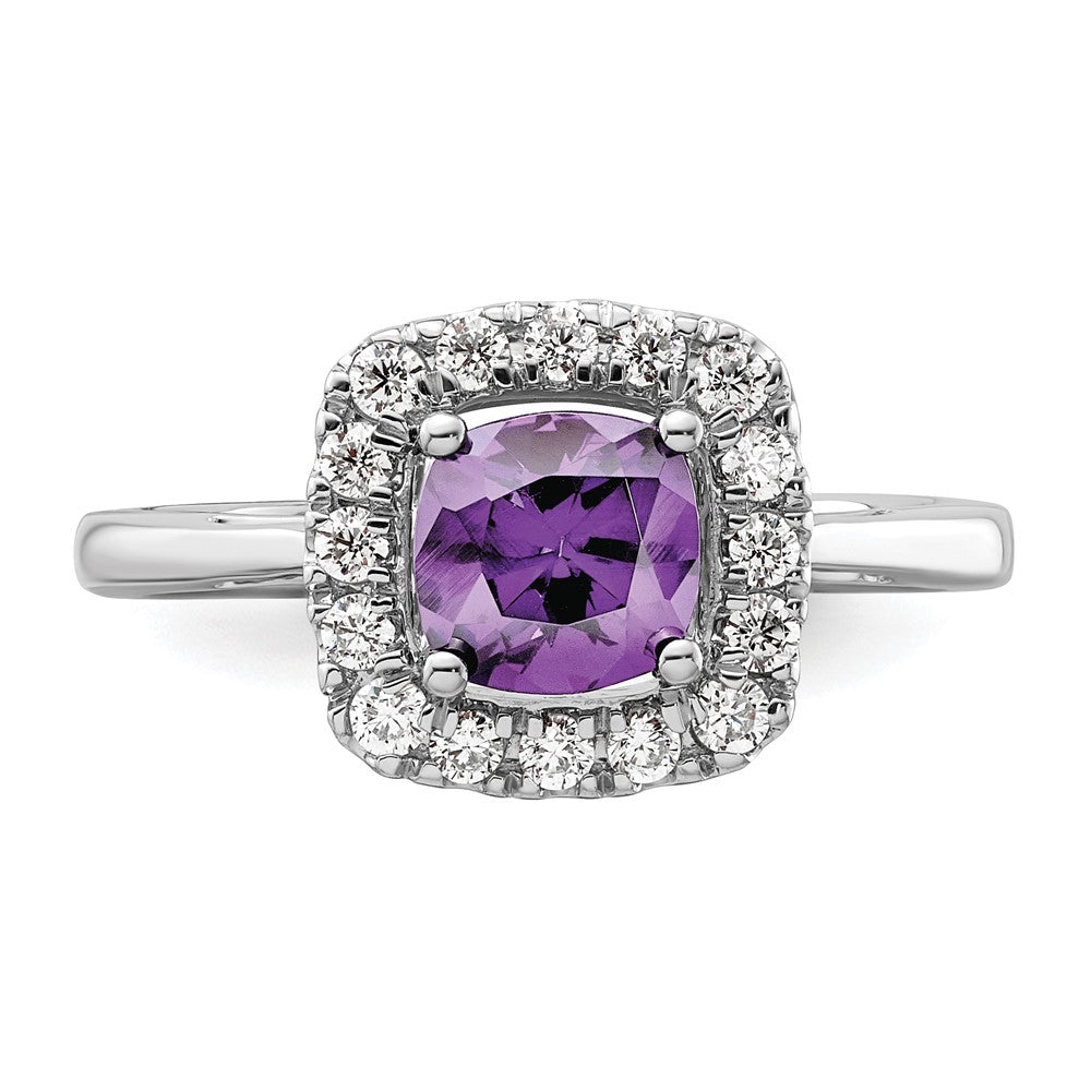 14K Weißgold Ring mit 0,25 ct. Labor gezüchtetem Diamant VS/SI+ G+ und Amethyst-Geburtsstein für Februar mit Halo-Fassung