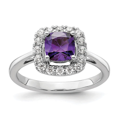 14K Weißgold Ring mit 0,25 ct. Labor gezüchtetem Diamant VS/SI+ G+ und Amethyst-Geburtsstein für Februar mit Halo-Fassung