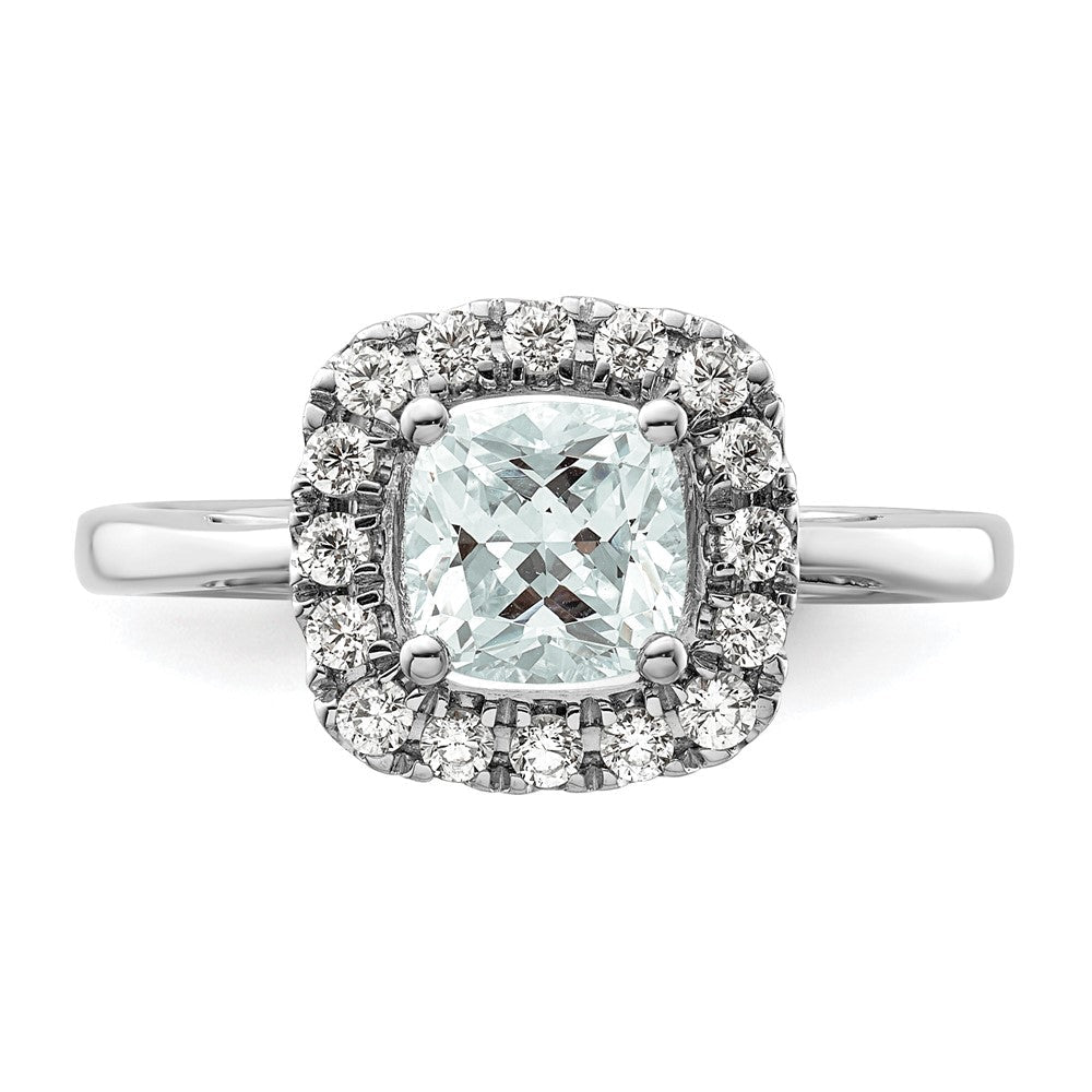 14K Weißgold Ring mit 0,25 ct. Labor-Diamant VS/SI+ G+ und Aquamarin (Geburtsstein März) im Halo-Design