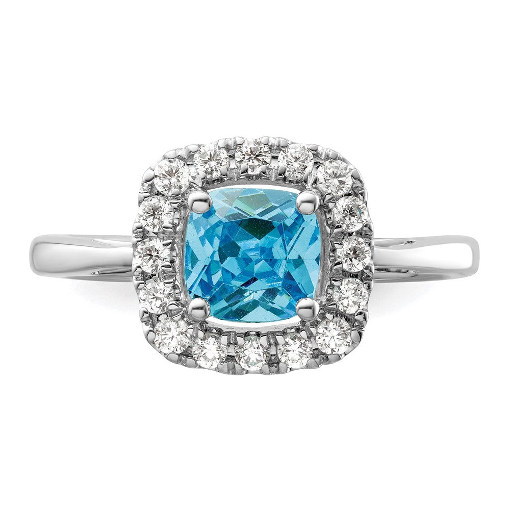 14K Weißgold Halo-Ring mit 0,25 ct. Labor-gezüchtetem Diamant VS/SI+ G+ und Dezember-Geburtsstein Blautopas