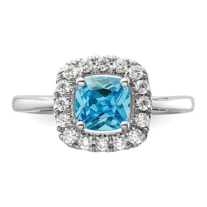 14K Weißgold Halo-Ring mit 0,25 ct. Labor-gezüchtetem Diamant VS/SI+ G+ und Dezember-Geburtsstein Blautopas
