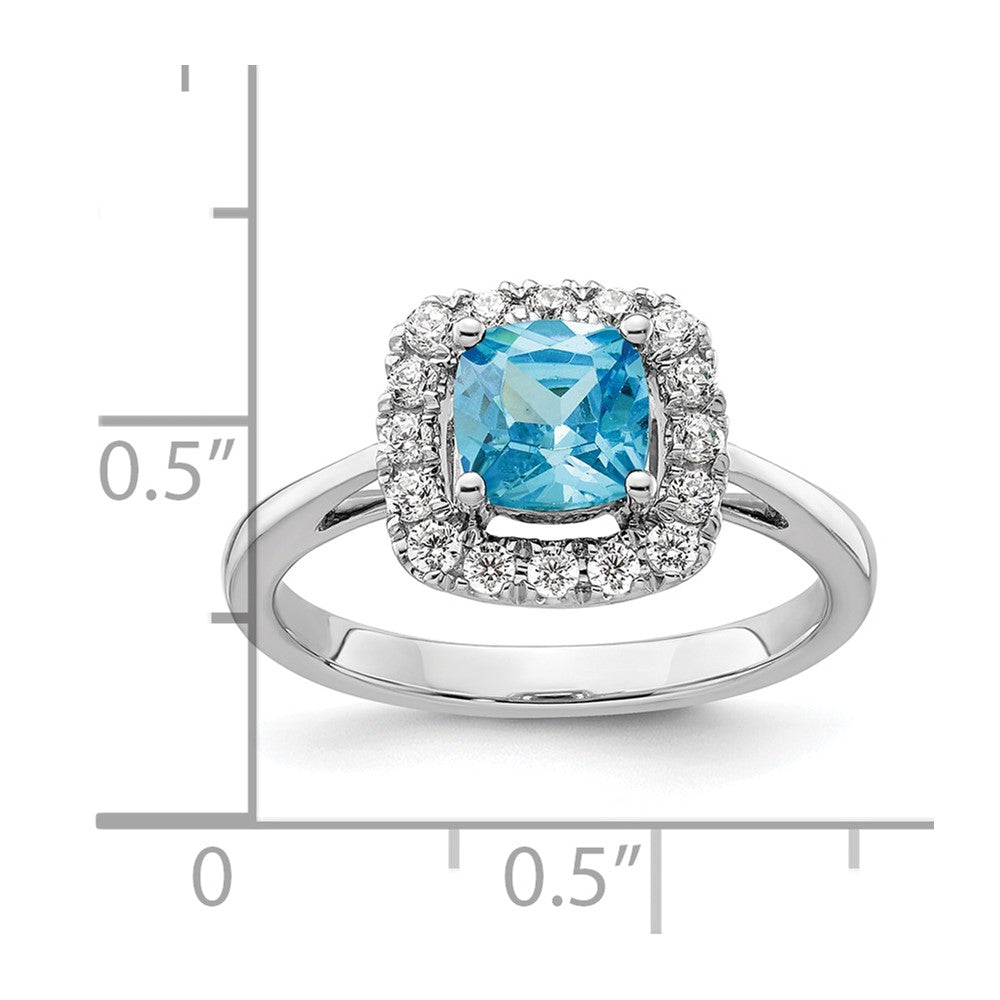 14K Weißgold Halo-Ring mit 0,25 ct. Labor-gezüchtetem Diamant VS/SI+ G+ und Dezember-Geburtsstein Blautopas