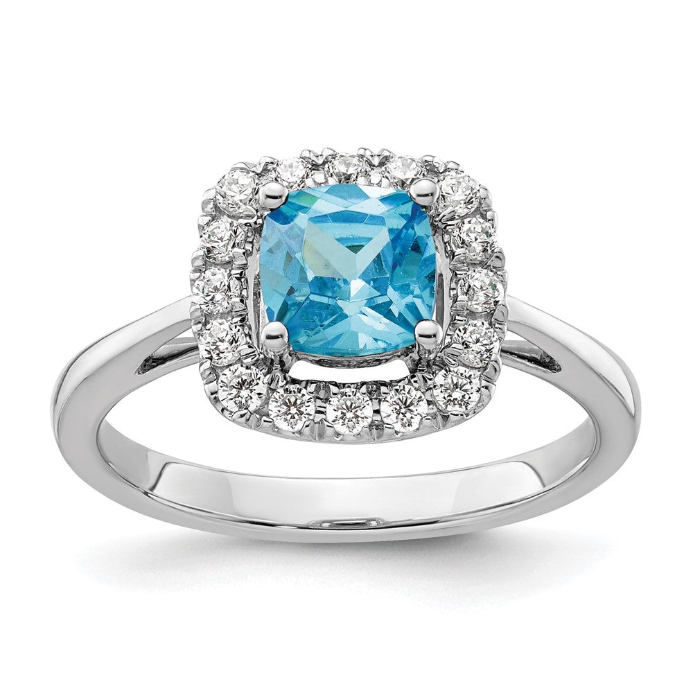 14K Weißgold Halo-Ring mit 0,25 ct. Labor-gezüchtetem Diamant VS/SI+ G+ und Dezember-Geburtsstein Blautopas