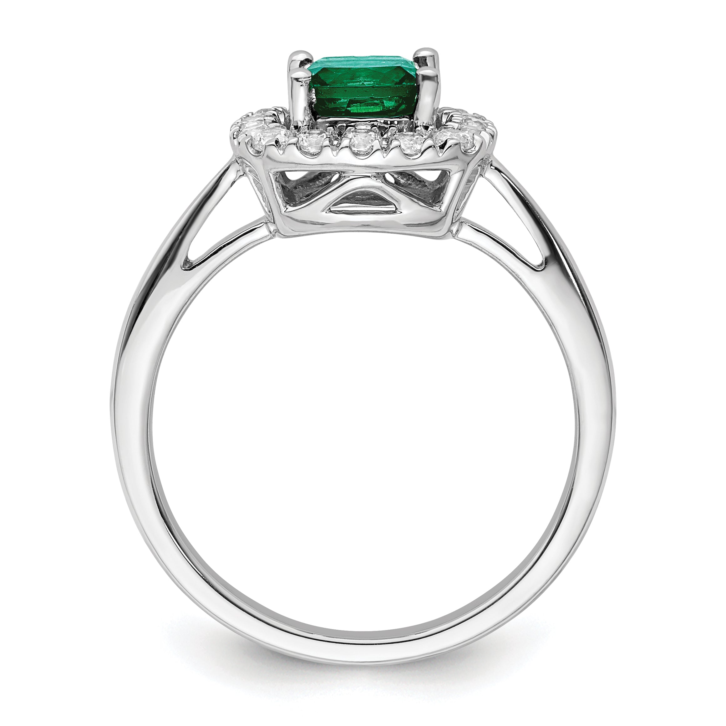 14K Weißgold Ring mit 0,25 ct. im Labor gezüchteten Diamanten VS/SI+ G+ und Geburtsstein Mai, im Labor gezüchteter Smaragd-Halo