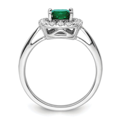 14K Weißgold Ring mit 0,25 ct. im Labor gezüchteten Diamanten VS/SI+ G+ und Geburtsstein Mai, im Labor gezüchteter Smaragd-Halo