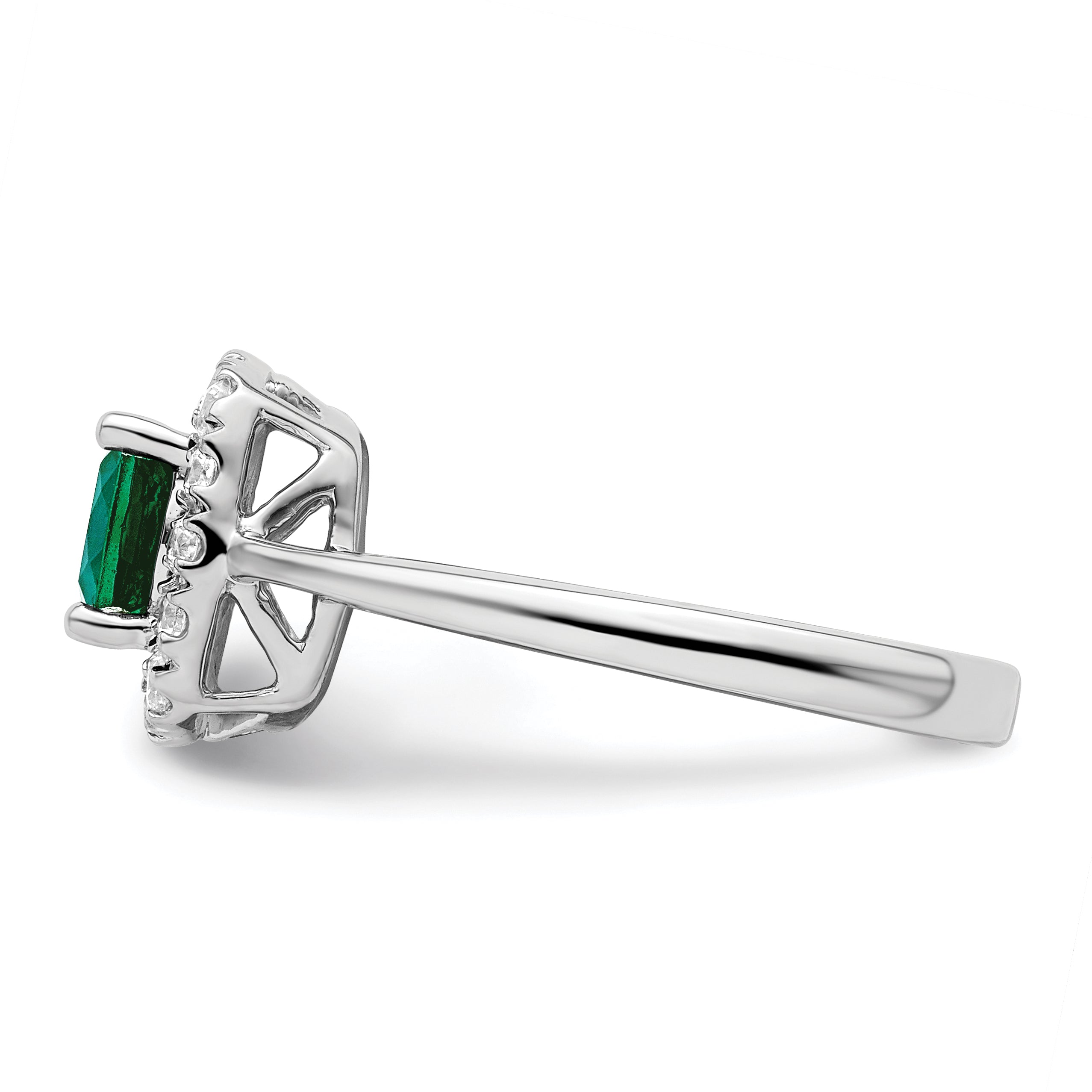 14K Weißgold Ring mit 0,25 ct. im Labor gezüchteten Diamanten VS/SI+ G+ und Geburtsstein Mai, im Labor gezüchteter Smaragd-Halo
