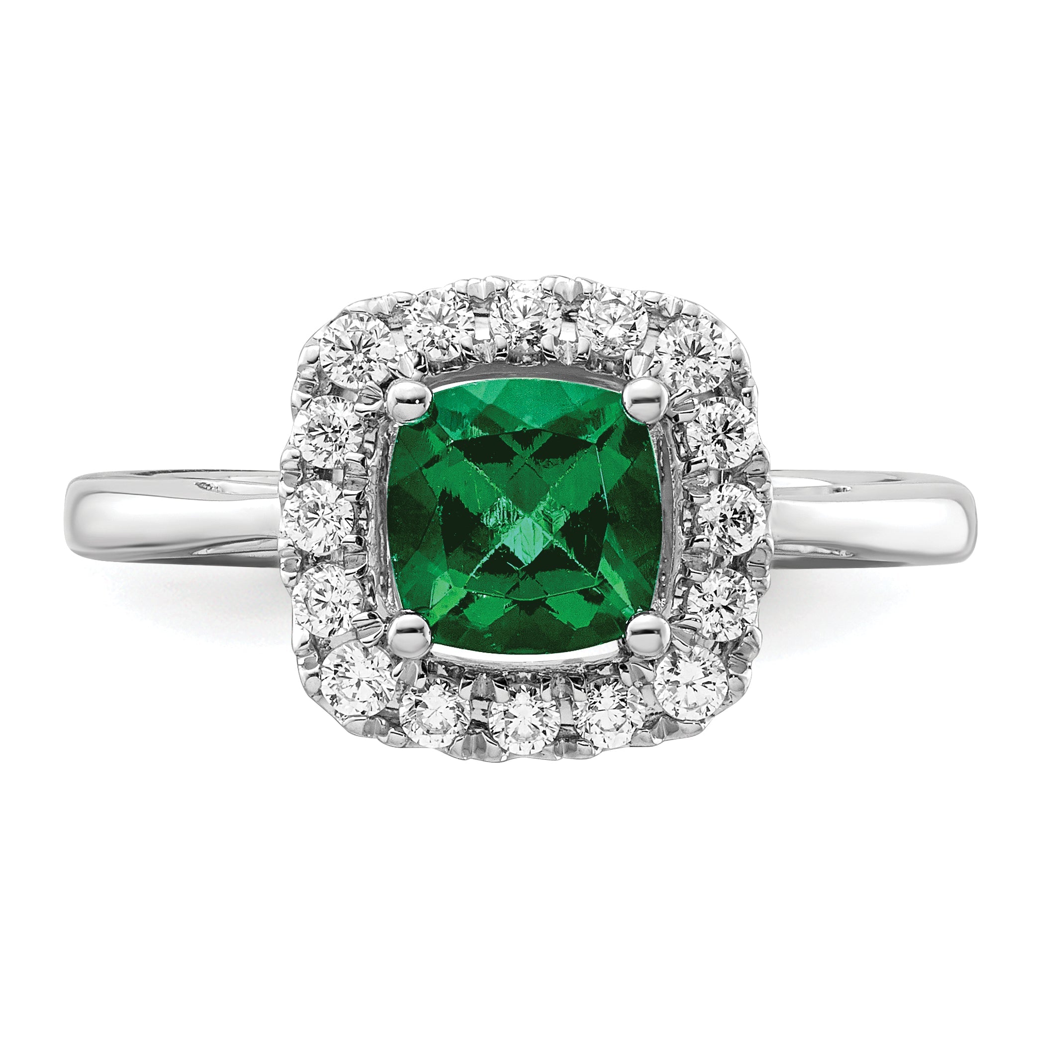 14K Weißgold Ring mit 0,25 ct. im Labor gezüchteten Diamanten VS/SI+ G+ und Geburtsstein Mai, im Labor gezüchteter Smaragd-Halo