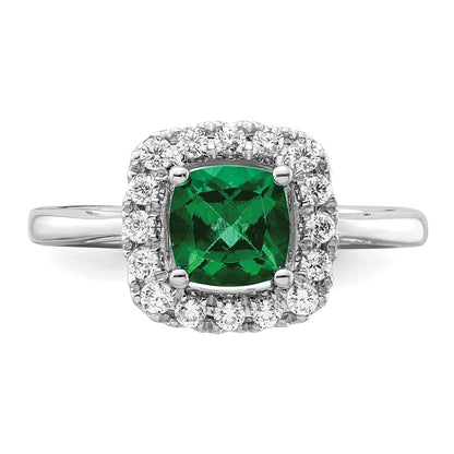 14K Weißgold Ring mit 0,25 ct. im Labor gezüchteten Diamanten VS/SI+ G+ und Geburtsstein Mai, im Labor gezüchteter Smaragd-Halo