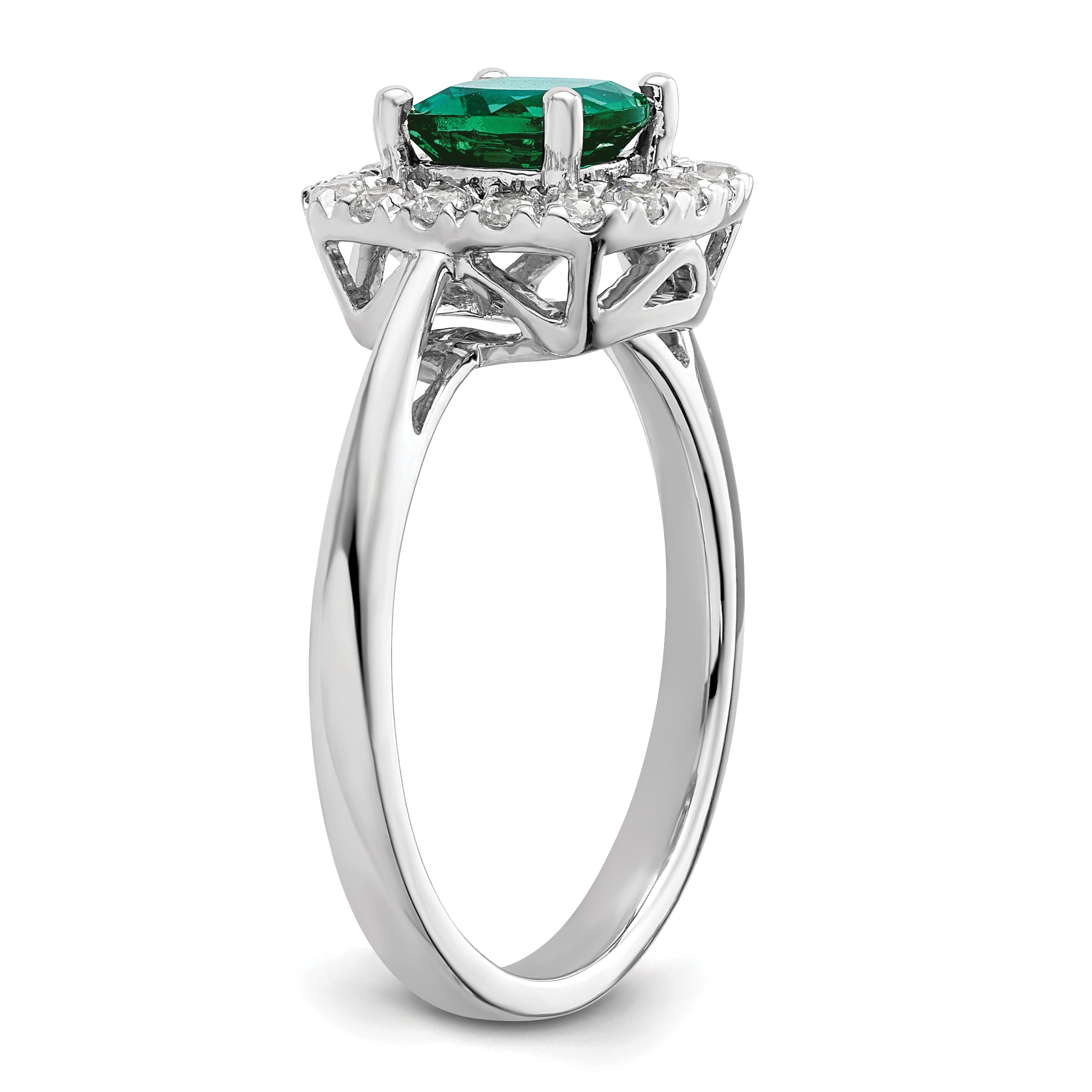 14K Weißgold Ring mit 0,25 ct. im Labor gezüchteten Diamanten VS/SI+ G+ und Geburtsstein Mai, im Labor gezüchteter Smaragd-Halo
