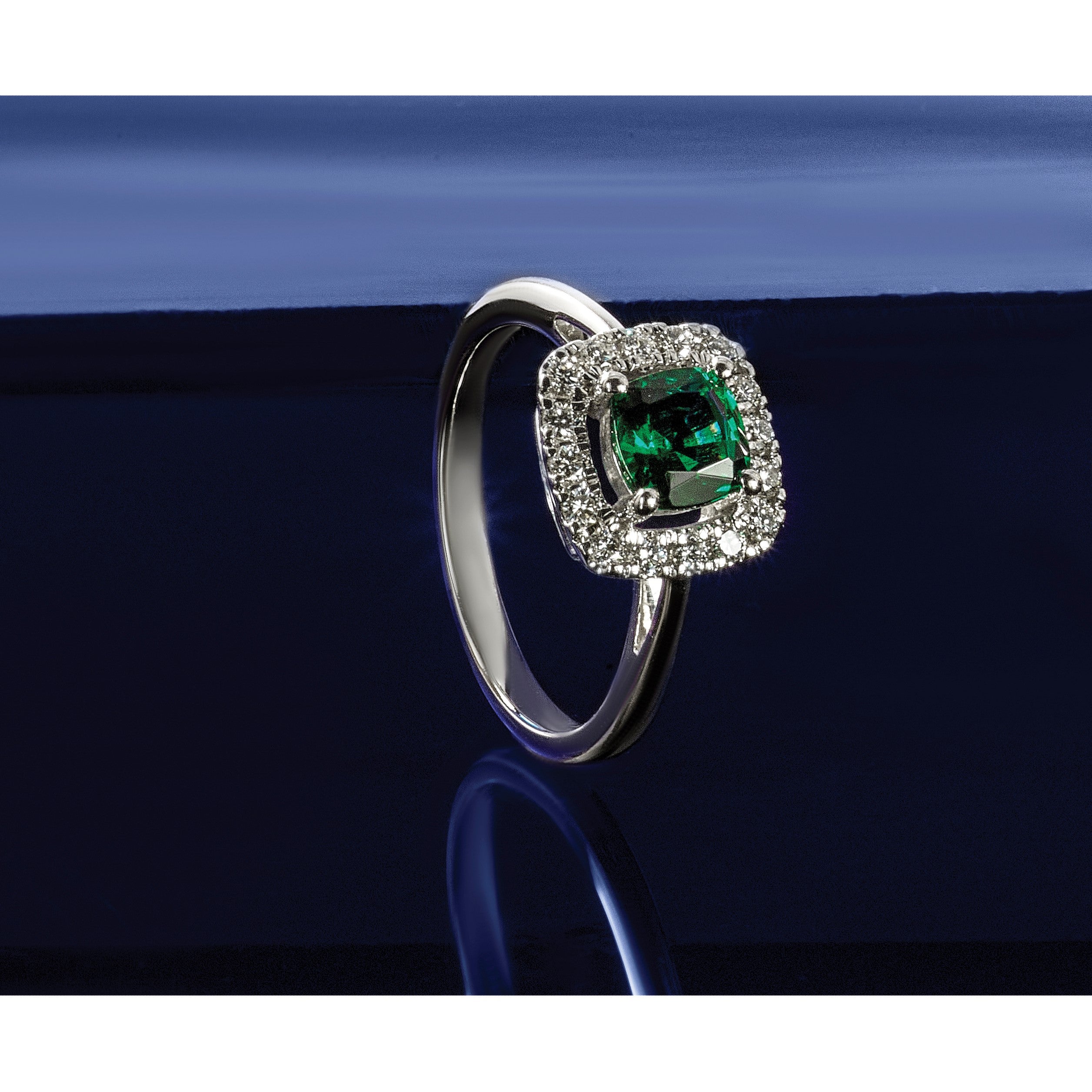 14K Weißgold Ring mit 0,25 ct. im Labor gezüchteten Diamanten VS/SI+ G+ und Geburtsstein Mai, im Labor gezüchteter Smaragd-Halo