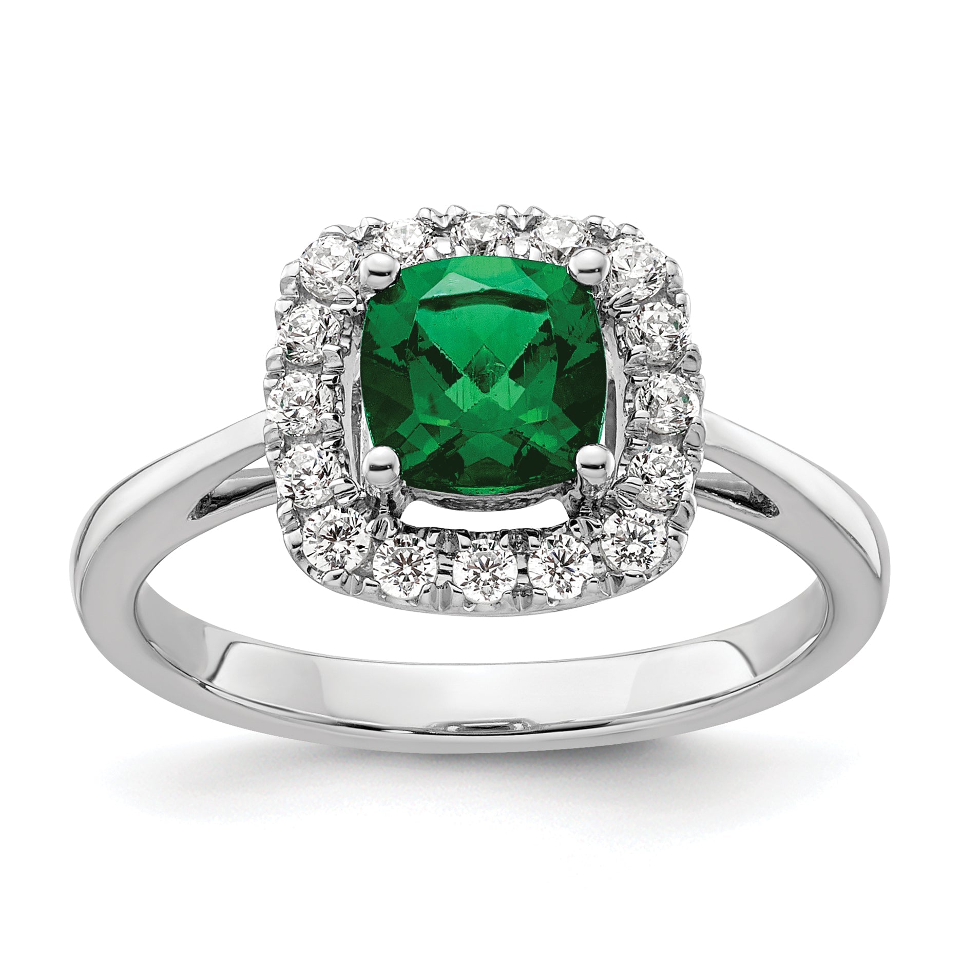 14K Weißgold Ring mit 0,25 ct. im Labor gezüchteten Diamanten VS/SI+ G+ und Geburtsstein Mai, im Labor gezüchteter Smaragd-Halo