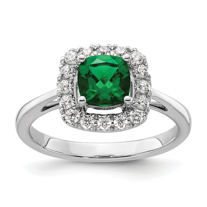 14K Weißgold Ring mit 0,25 ct. im Labor gezüchteten Diamanten VS/SI+ G+ und Geburtsstein Mai, im Labor gezüchteter Smaragd-Halo