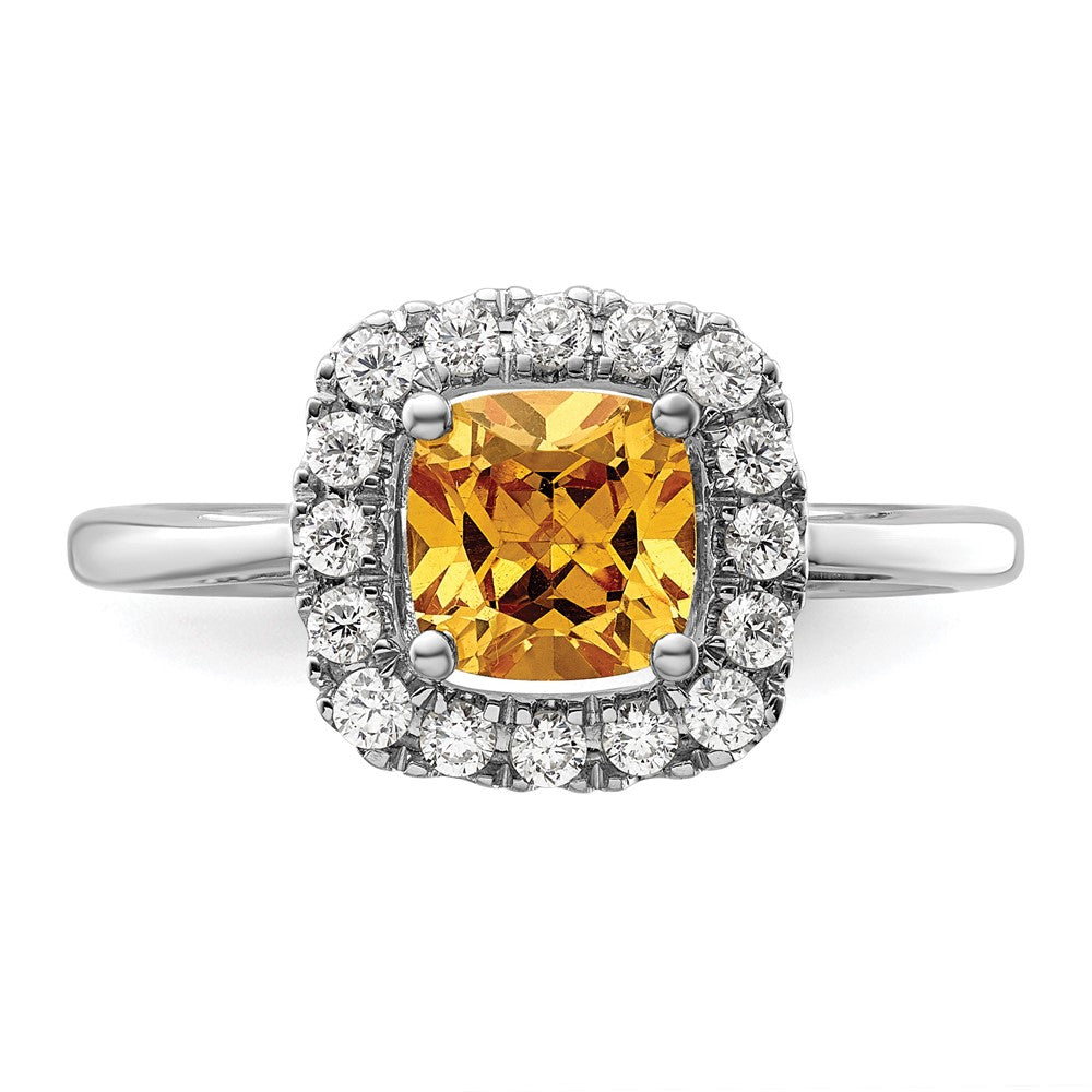 14K Weißgold Ring mit Halo-Fassung, 0,25 ct. im Labor gezüchteten Diamanten VS/SI+ G+ und Citrin-Novembergeburtsstein