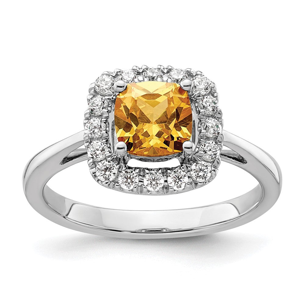 14K Weißgold Ring mit Halo-Fassung, 0,25 ct. im Labor gezüchteten Diamanten VS/SI+ G+ und Citrin-Novembergeburtsstein