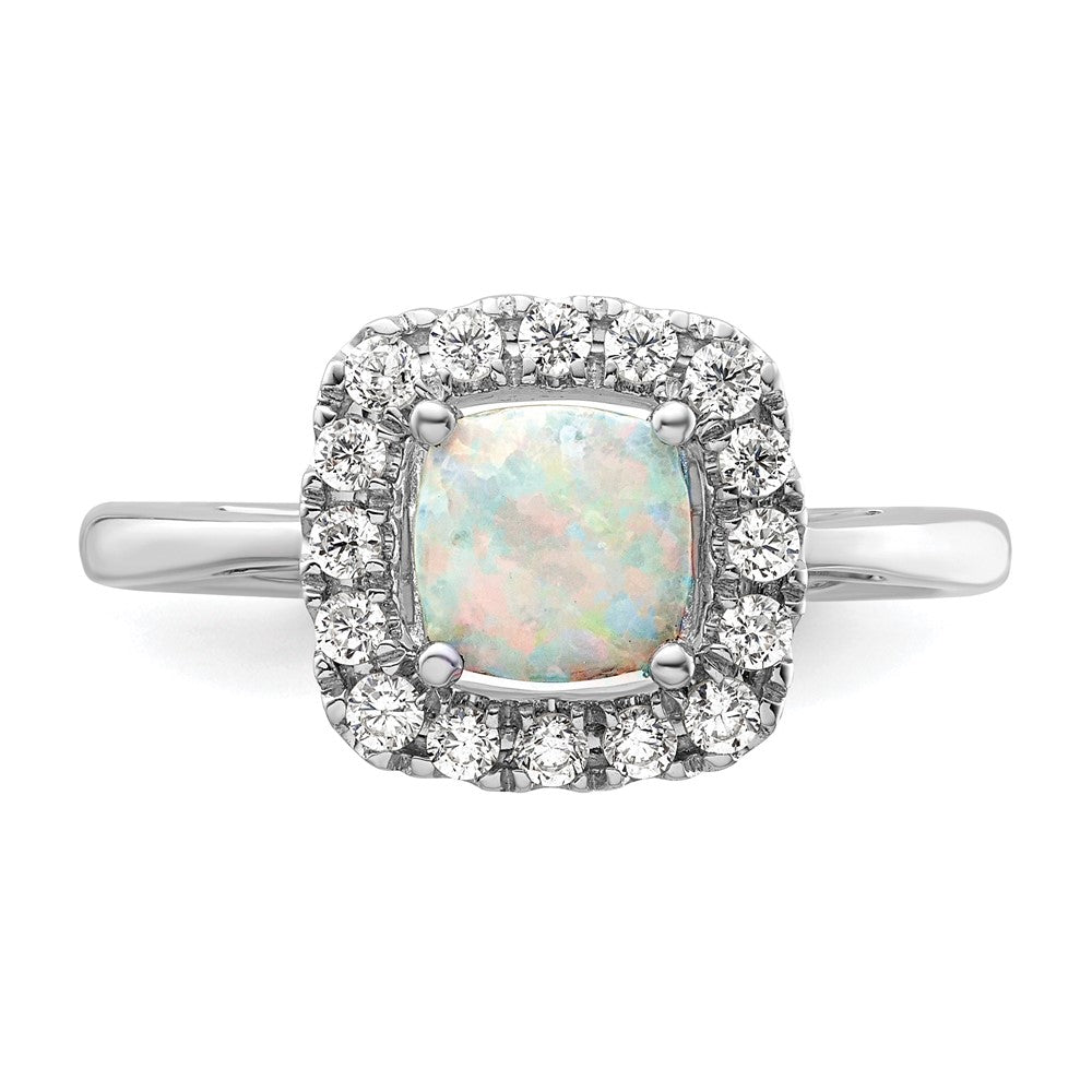 14K Weißgold Ring mit 0,25 ct. im Labor gezüchtetem Diamant VS/SI+ G+ und Oktober-Geburtsstein, im Labor gezüchtetem Opal, Halo-Fassung