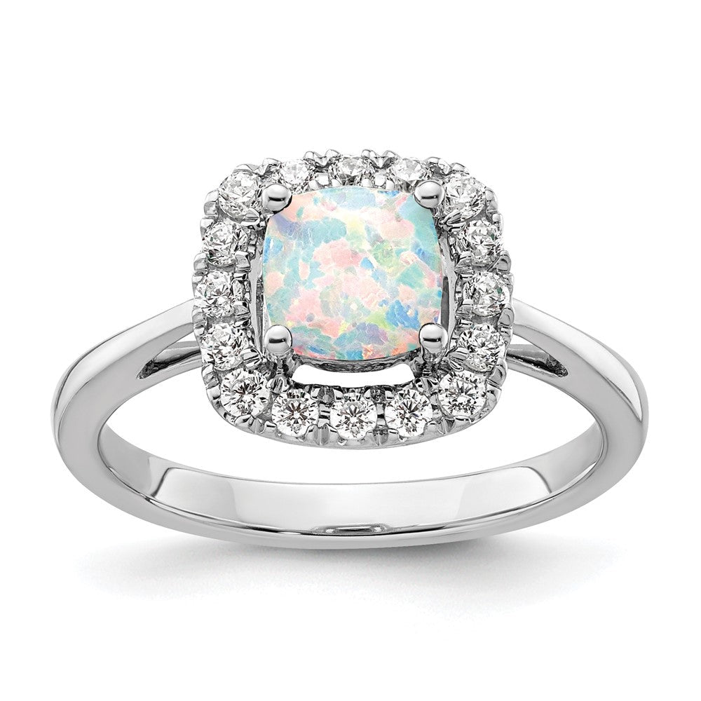 14K Weißgold Ring mit 0,25 ct. im Labor gezüchtetem Diamant VS/SI+ G+ und Oktober-Geburtsstein, im Labor gezüchtetem Opal, Halo-Fassung