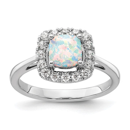 14K Weißgold Ring mit 0,25 ct. im Labor gezüchtetem Diamant VS/SI+ G+ und Oktober-Geburtsstein, im Labor gezüchtetem Opal, Halo-Fassung