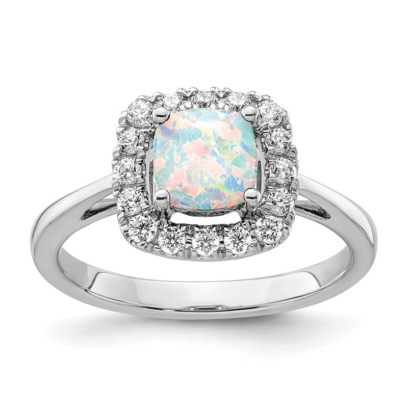 14K Weißgold Ring mit 0,25 ct. im Labor gezüchtetem Diamant VS/SI+ G+ und Oktober-Geburtsstein, im Labor gezüchtetem Opal, Halo-Fassung