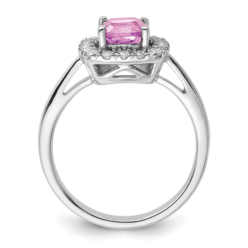 14K Weißgold Ring mit 0,25 ct. Labor-Diamant VS/SI+ G+ und laborgezüchtetem Oktober-Geburtsstein Pink-Saphir, Halo-Fassung