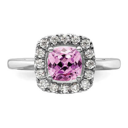 14K Weißgold Ring mit 0,25 ct. Labor-Diamant VS/SI+ G+ und laborgezüchtetem Oktober-Geburtsstein Pink-Saphir, Halo-Fassung