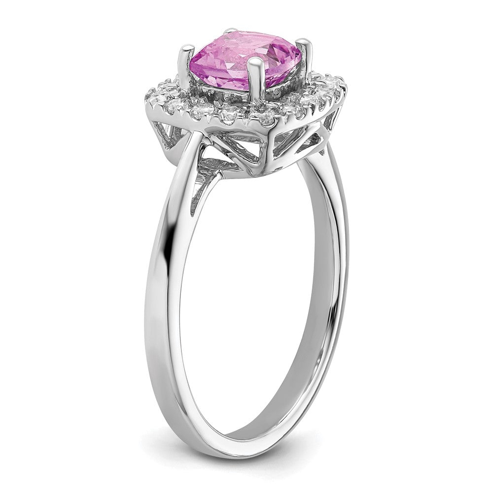 14K Weißgold Ring mit 0,25 ct. Labor-Diamant VS/SI+ G+ und laborgezüchtetem Oktober-Geburtsstein Pink-Saphir, Halo-Fassung