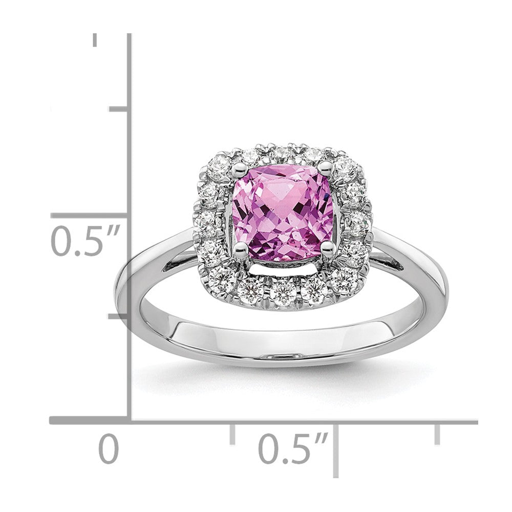 14K Weißgold Ring mit 0,25 ct. Labor-Diamant VS/SI+ G+ und laborgezüchtetem Oktober-Geburtsstein Pink-Saphir, Halo-Fassung