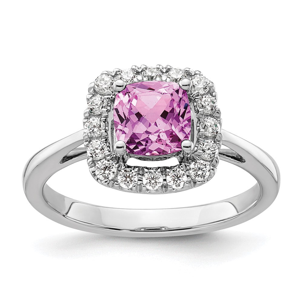 14K Weißgold Ring mit 0,25 ct. Labor-Diamant VS/SI+ G+ und laborgezüchtetem Oktober-Geburtsstein Pink-Saphir, Halo-Fassung