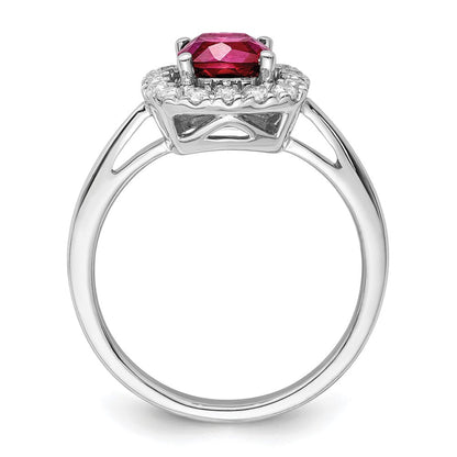 14K Weißgold Ring mit 0,25 ct. im Labor gezüchtetem Diamant VS/SI+ G+ und im Labor gezüchtetem Rubin (Juli-Geburtsstein) in Halo-Fassung