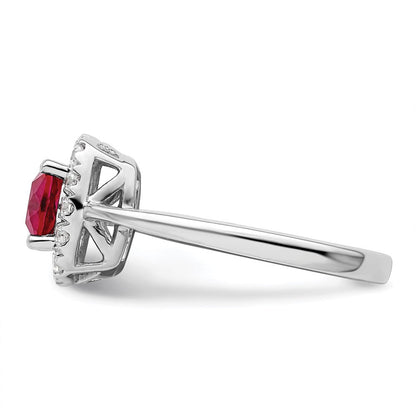 14K Weißgold Ring mit 0,25 ct. im Labor gezüchtetem Diamant VS/SI+ G+ und im Labor gezüchtetem Rubin (Juli-Geburtsstein) in Halo-Fassung