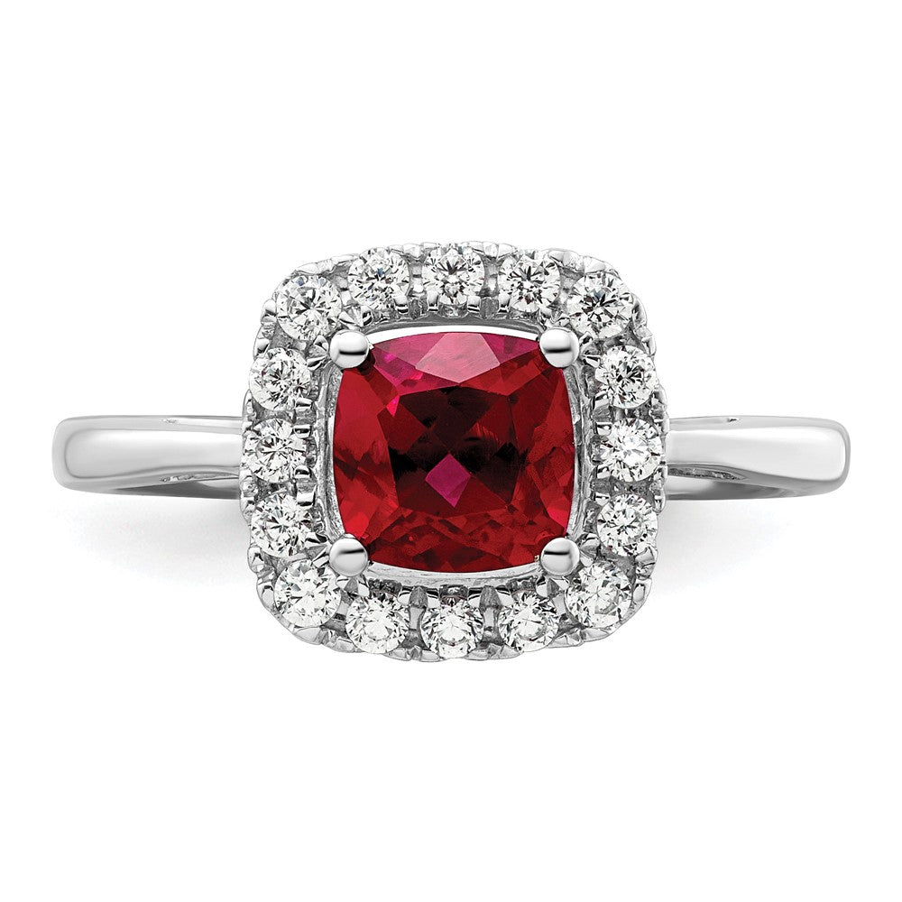 14K Weißgold Ring mit 0,25 ct. im Labor gezüchtetem Diamant VS/SI+ G+ und im Labor gezüchtetem Rubin (Juli-Geburtsstein) in Halo-Fassung