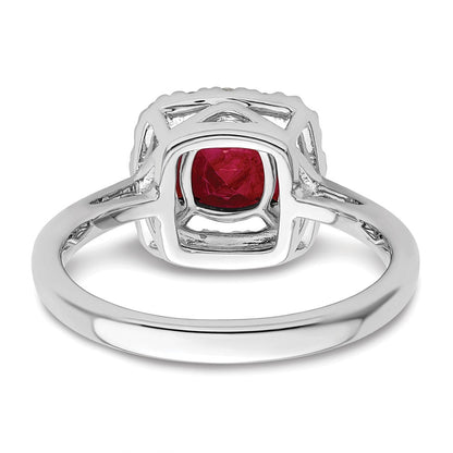 14K Weißgold Ring mit 0,25 ct. im Labor gezüchtetem Diamant VS/SI+ G+ und im Labor gezüchtetem Rubin (Juli-Geburtsstein) in Halo-Fassung