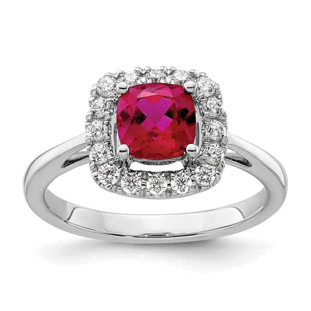 14K Weißgold Ring mit 0,25 ct. im Labor gezüchtetem Diamant VS/SI+ G+ und im Labor gezüchtetem Rubin (Juli-Geburtsstein) in Halo-Fassung