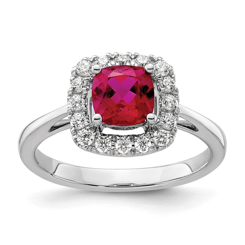 14K Weißgold Ring mit 0,25 ct. im Labor gezüchtetem Diamant VS/SI+ G+ und im Labor gezüchtetem Rubin (Juli-Geburtsstein) in Halo-Fassung