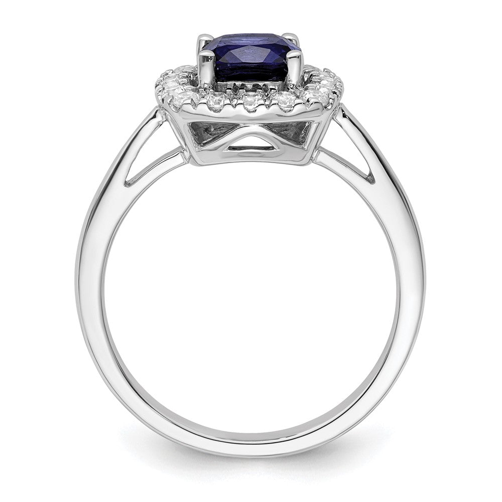 14K Weißgold Ring mit 0,25 ct. im Labor gezüchtetem Diamant VS/SI+ G+ und laborgezüchtetem blauem September-Geburtsstein Saphir, Halo-Fassung