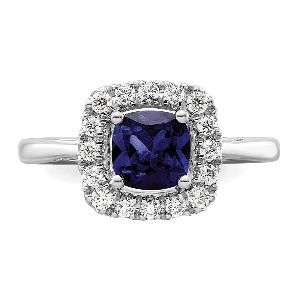 14K Weißgold Ring mit 0,25 ct. im Labor gezüchtetem Diamant VS/SI+ G+ und laborgezüchtetem blauem September-Geburtsstein Saphir, Halo-Fassung