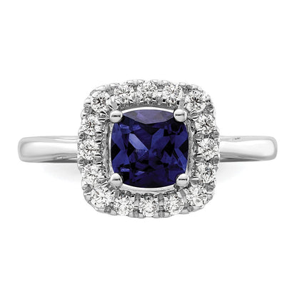 14K Weißgold Ring mit 0,25 ct. im Labor gezüchtetem Diamant VS/SI+ G+ und laborgezüchtetem blauem September-Geburtsstein Saphir, Halo-Fassung