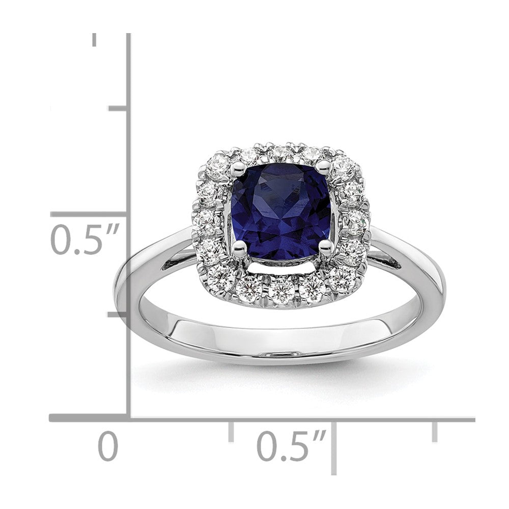 14K Weißgold Ring mit 0,25 ct. im Labor gezüchtetem Diamant VS/SI+ G+ und laborgezüchtetem blauem September-Geburtsstein Saphir, Halo-Fassung