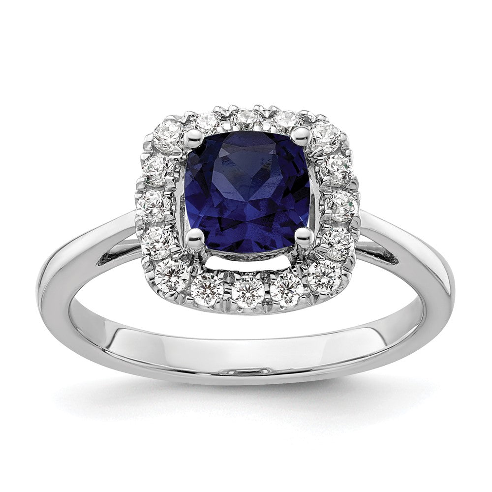 14K Weißgold Ring mit 0,25 ct. im Labor gezüchtetem Diamant VS/SI+ G+ und laborgezüchtetem blauem September-Geburtsstein Saphir, Halo-Fassung