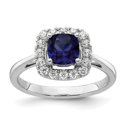 14K Weißgold Ring mit 0,25 ct. im Labor gezüchtetem Diamant VS/SI+ G+ und laborgezüchtetem blauem September-Geburtsstein Saphir, Halo-Fassung