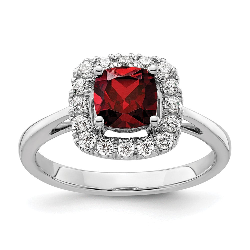 14K Weißgold Ring mit 0,25 ct. im Labor gezüchteten Diamanten VS/SI+ G+ und Granat-Halo, Januar-Geburtsstein