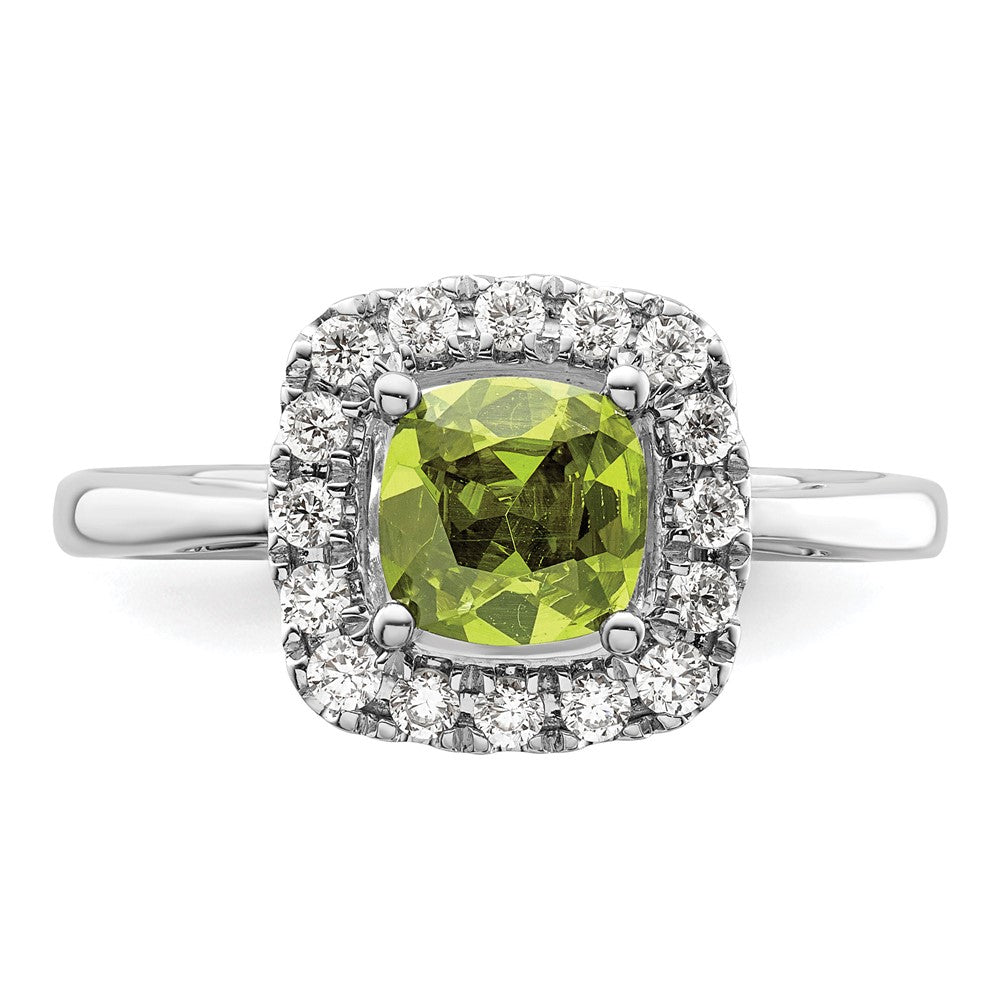 14K Weißgold Halo-Ring mit 0,25 ct. im Labor gezüchteten Diamanten VS/SI+ G+ und Peridot als Augustgeburtsstein