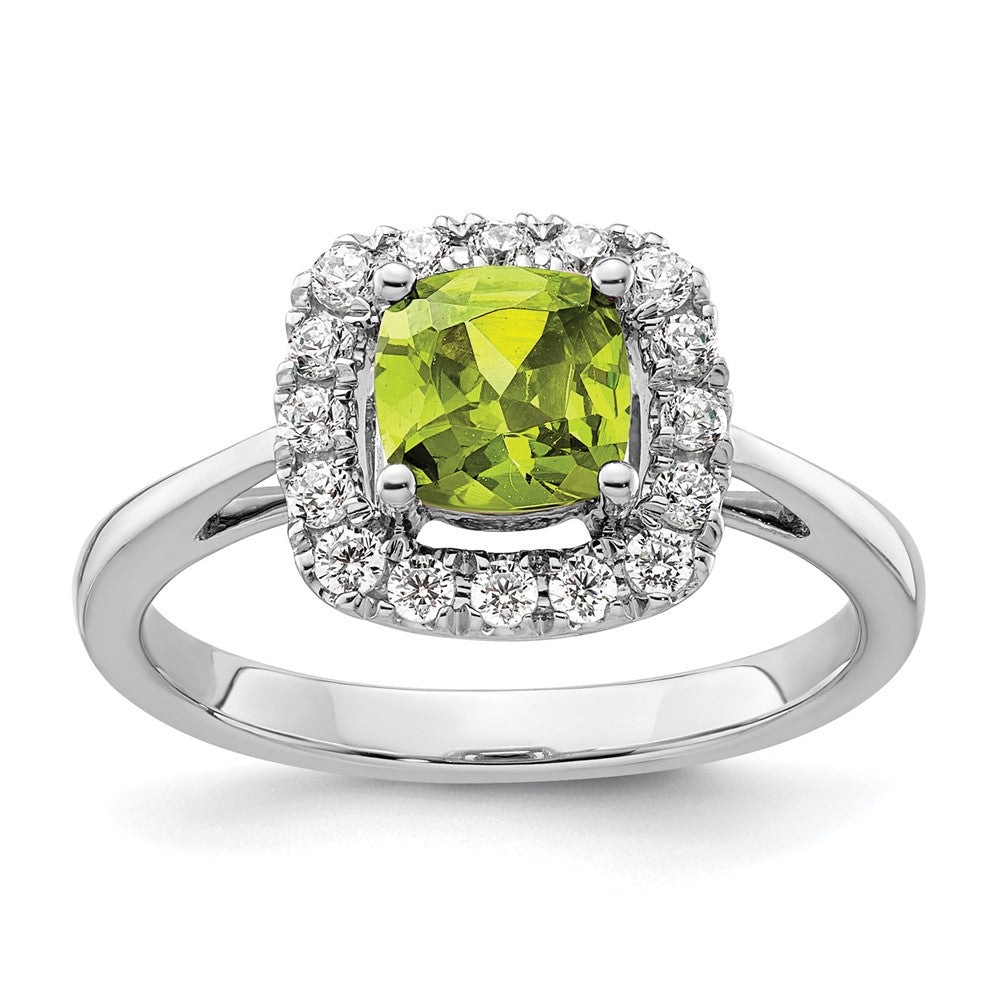 14K Weißgold Halo-Ring mit 0,25 ct. im Labor gezüchteten Diamanten VS/SI+ G+ und Peridot als Augustgeburtsstein