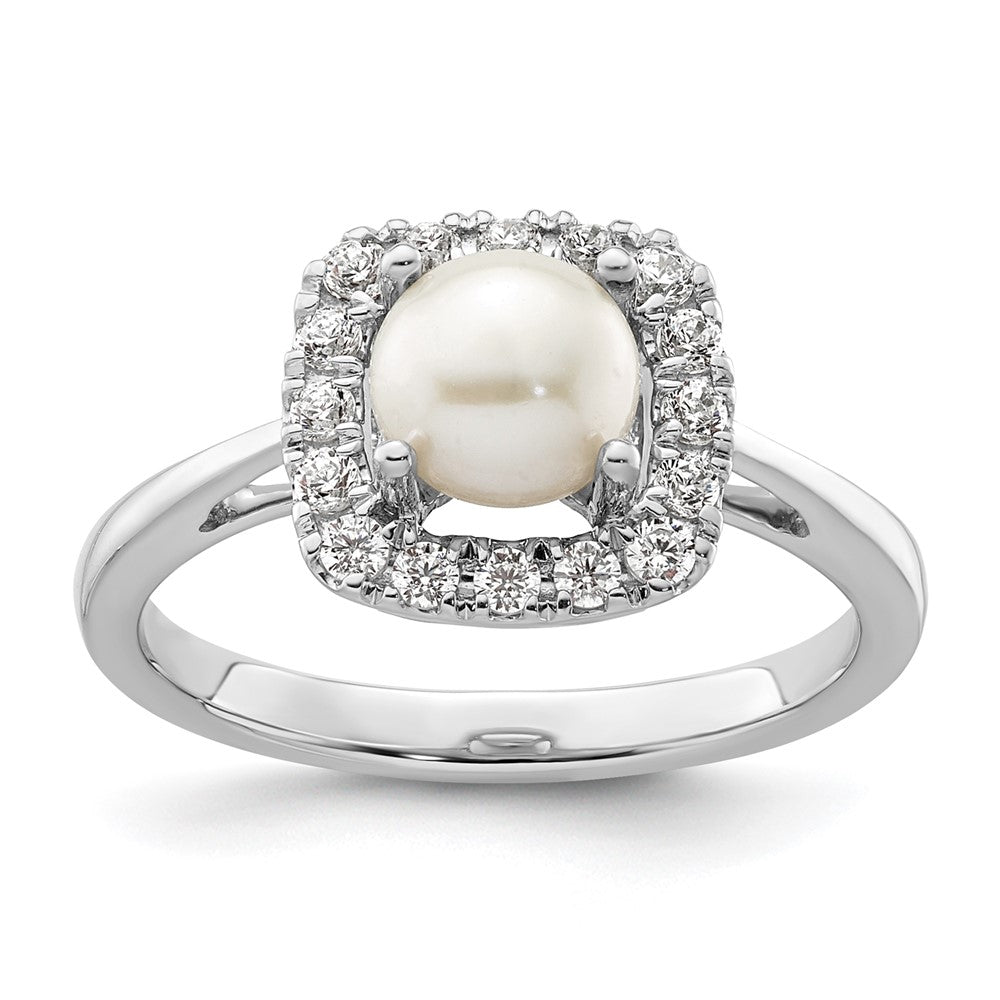 14K Weißgold Ring mit 0,25 ct. Laborgezüchtetem Diamant VS/SI+ G+ und Zuchtperlen (Juni-Geburtsstein) in Halo-Fassung