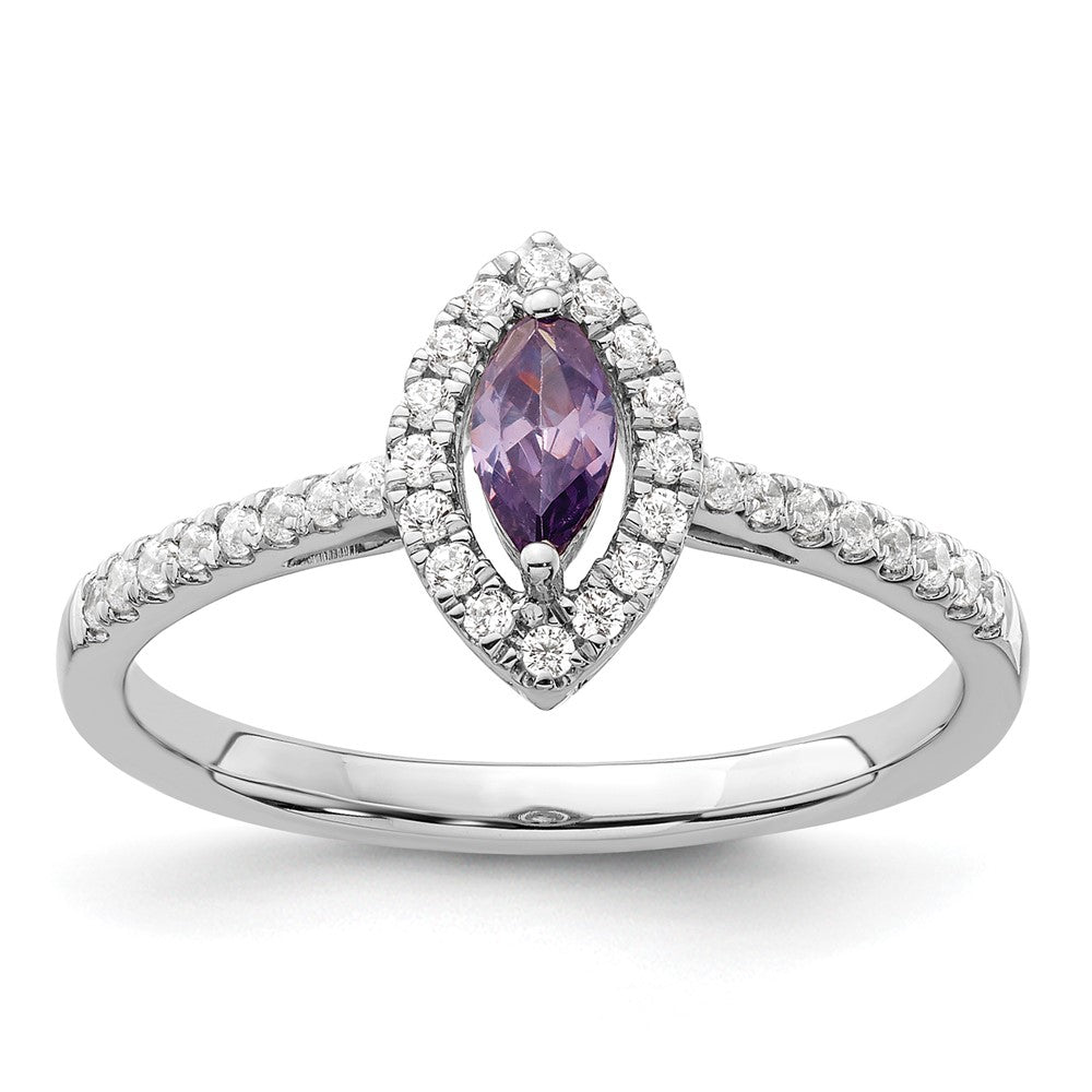 14K Weißgold Ring mit 0,2 ct. im Labor gezüchteten Diamanten VS/SI+ G+ und Amethyst, Geburtsstein Februar